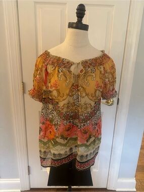 Boho Off-Shoulder Floral Peasant Blouse in Mustard and Pink